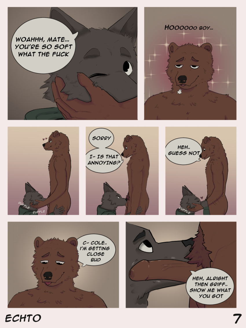 3:4 anthro canid canine canis caressing_face clothed clothed/nude clothed_male_nude_male clothing comic dialogue duo echto english_text erection foreskin genitals hi_res looking_pleasured male male/male mammal nude oral penis profanity pubes text uncut ursid wolf