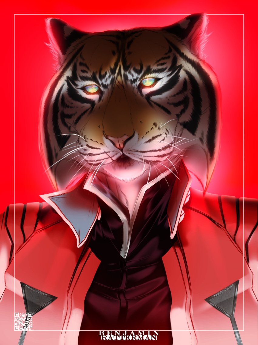 3:4 absurd_res anthro benjamin_ratterman clothing digital_media_(artwork) digital_painting_(artwork) felid feline felis female hi_res illustration jacket looking_at_viewer mammal pantherine portrait red_glow scar solo tiger topwear