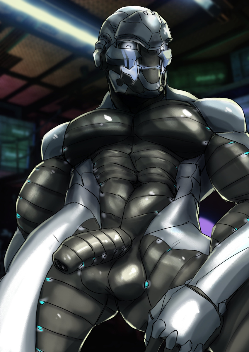 abs absurd_res android balls destiny_(video_game) exo flaccid foreskin genitals glowing glowing_eyes hi_res humanoid_genitalia humanoid_penis inside lazlowo looking_at_viewer machine male muscular muscular_male navel nude penis presenting presenting_penis robot solo uncut urethra