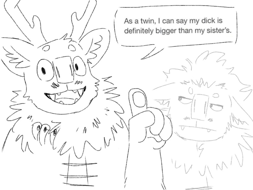 antlers big_nose duo english_text fan_character fangs female fluffy handpaw hi_res horn humanoid inner_ear_fluff male meme monochrome neutral_expression paws rgb_(artist) sibling sketch smile text troll tuft twins