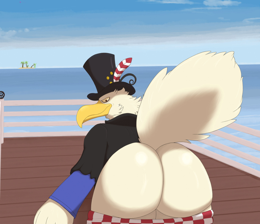 2021 anthro avian beak big_butt bird butt clothed clothing dafty digital_media_(artwork) feathers hat headgear headwear hi_res male morgans_(one_piece) one_piece pants_down partially_clothed raised_tail shaded water white_body white_feathers yellow_beak