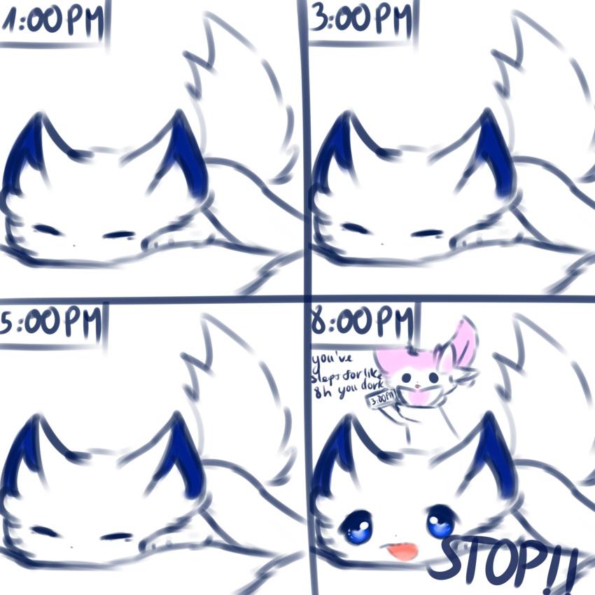 1:1 ambiguous_gender blue_eyes blue_sclera canid canine eeveelution eyes_closed feral fluffy fluffy_tail fox fur group hi_res mammal nintendo open_mouth pok&eacute;mon pok&eacute;mon_(species) simple_background sleeping snoii_(snoiifoxxo) snoiifoxxo sylveon text tuft video_games white_background white_body white_fur