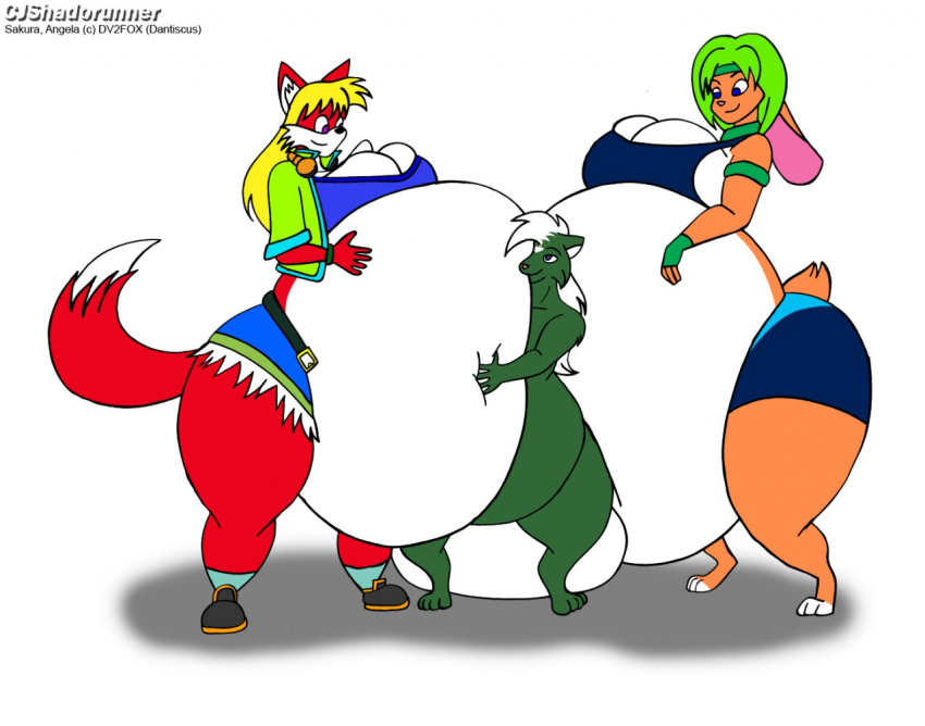 anthro breasts canid canine chris_t._snuggleskunk cjshadorunner clothing female fox group group_sex hair inflation lagomorph leporid mammal mephitid rabbit sandwich_position sex skunk
