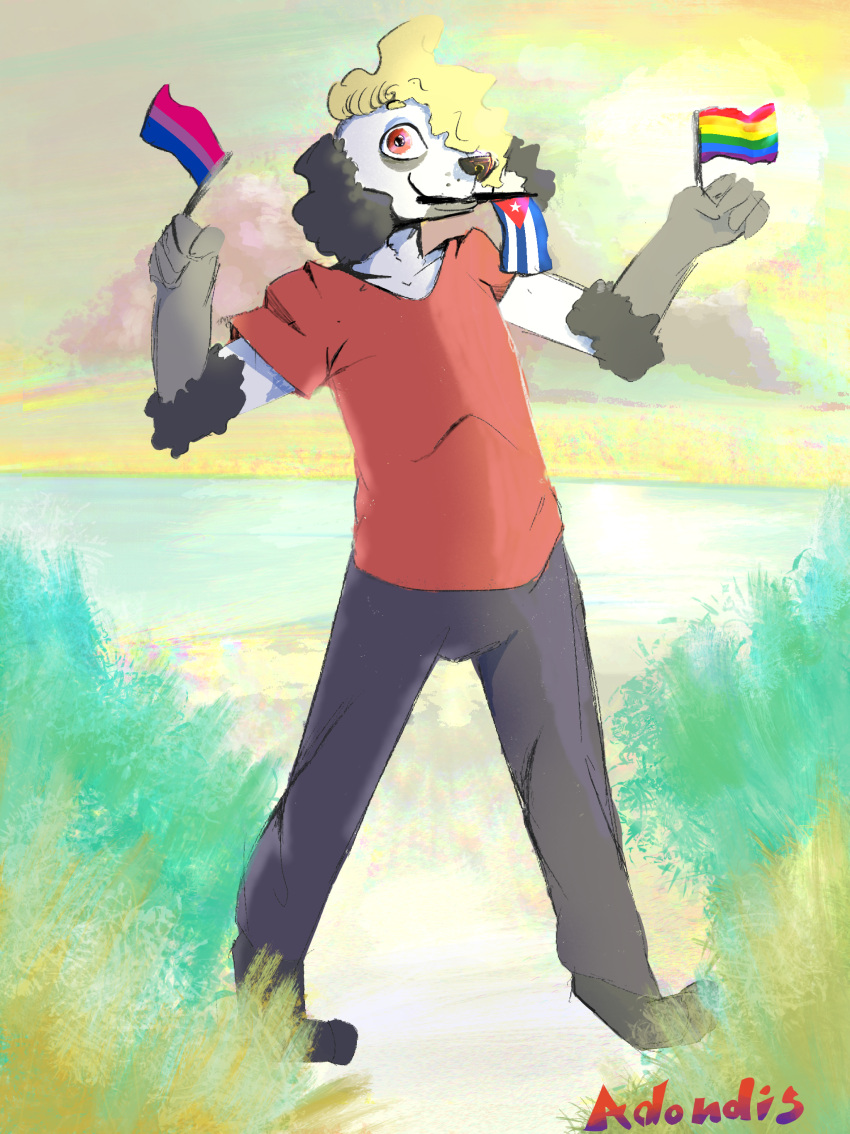 2021 absurd_res adondis anthro beach bisexual_pride_colors blonde_hair bottomwear canid canine canis clothed clothing cloud cuban cuban_flag curled_hair digital_media_(artwork) domestic_dog flag fur hair happy hi_res holding_flag holding_object lgbt_pride light looking_at_viewer male mammal painting_(artwork) pants poodle pride_colors rainbow_flag rainbow_pride_flag rainbow_symbol red_eyes russell_(adondis) sand sea seaside shirt six-stripe_rainbow_pride_colors smile solo sunlight topwear traditional_media_(artwork) water