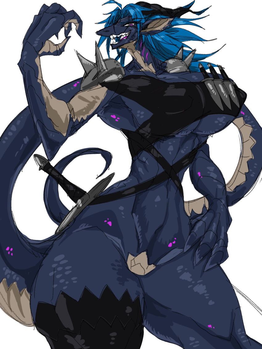 3:4 anthro athletic athletic_female big_breasts blue_hair breasts clothed clothing dragon female hair hi_res horn knife looking_at_viewer pink_eyes simple_background skimpy smile solo waranka weapon