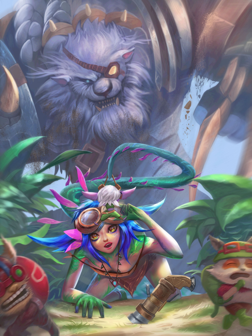 3:4 absurd_res anthro blue_hair braided_hair eye_patch eyewear female fur hair hi_res humanoid league_of_legends male neeko_(lol) plant rengar_(lol) riot_games teemo_(lol) tony_maverick tristana_(lol) video_games white_body white_fur white_hair ziggs_(lol)