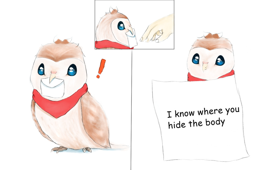 3:2 ambiguous_gender avian bandanna bandanna_on_neck bandanna_only beak bird blue_eyes blue_sclera brown_body brown_feathers english_text feathers feral group human kerchief kerchief_only mammal meme mostly_nude simple_background snoiifoxxo text wings