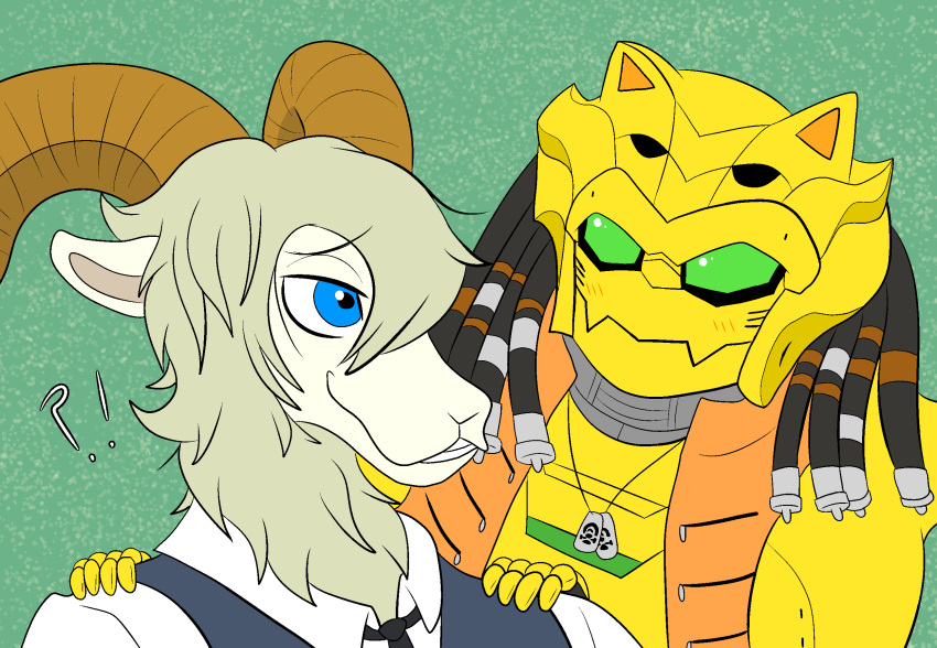 abstract_background anthro beastars blue_eyes blush bovid caprine clothing darkajugin duo fur gaon_(zenkaiger) green_eyes hi_res horn humanoid kikai_sentai_zenkaiger kikainoid machine male mammal pina_(beastars) robot robot_humanoid topwear uniform vest white_body white_fur yellow_body