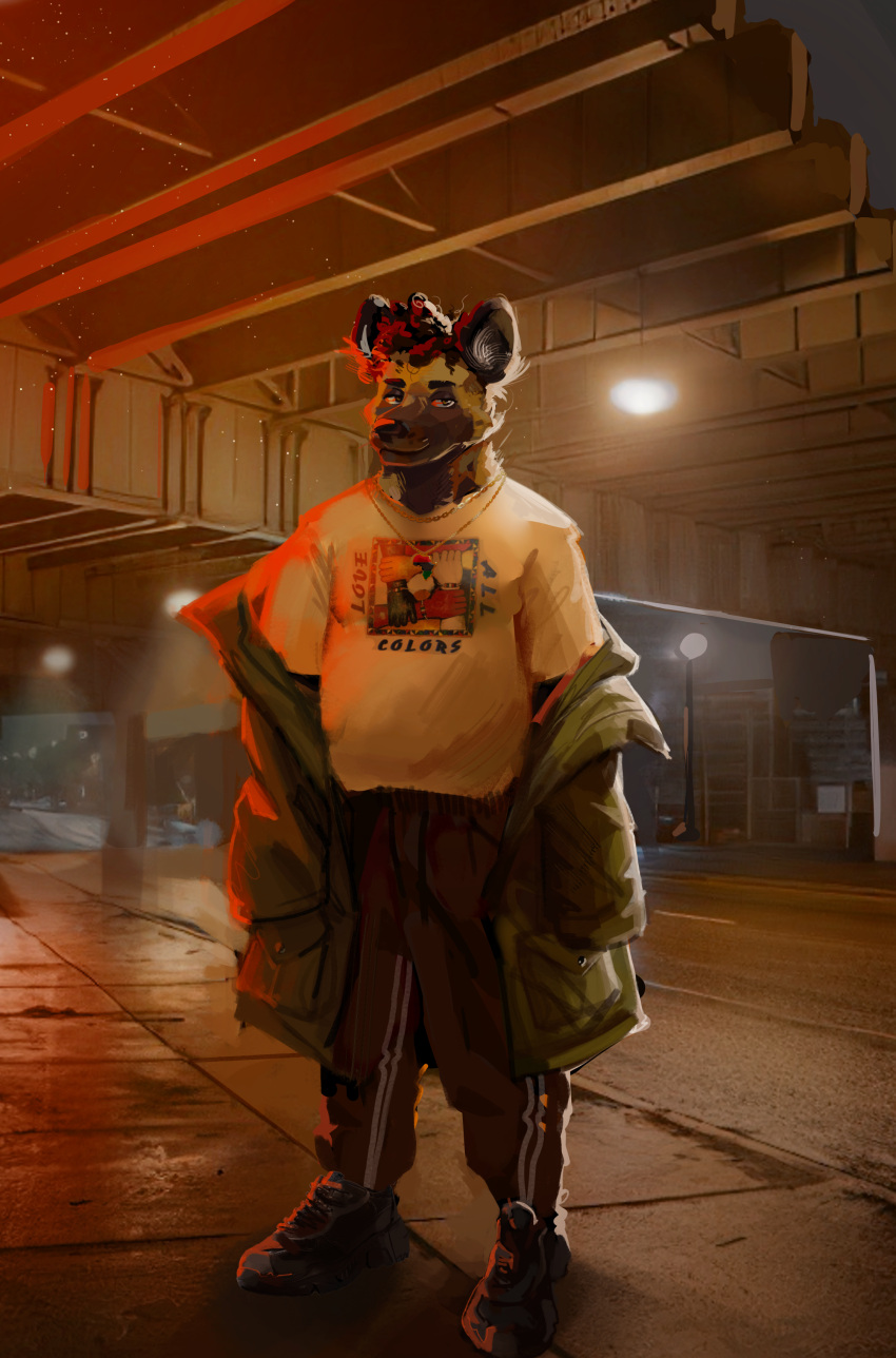absurd_res african_wild_dog anthro black_nose bottomwear bridge brown_body brown_fur canid canine canis clothed clothing darius_davis detailed_background digital_media_(artwork) footwear fur gold_(metal) gold_jewelry hair hi_res jewelry littleoliviern male mammal multicolored_body multicolored_fur necklace outside smile solo street topwear