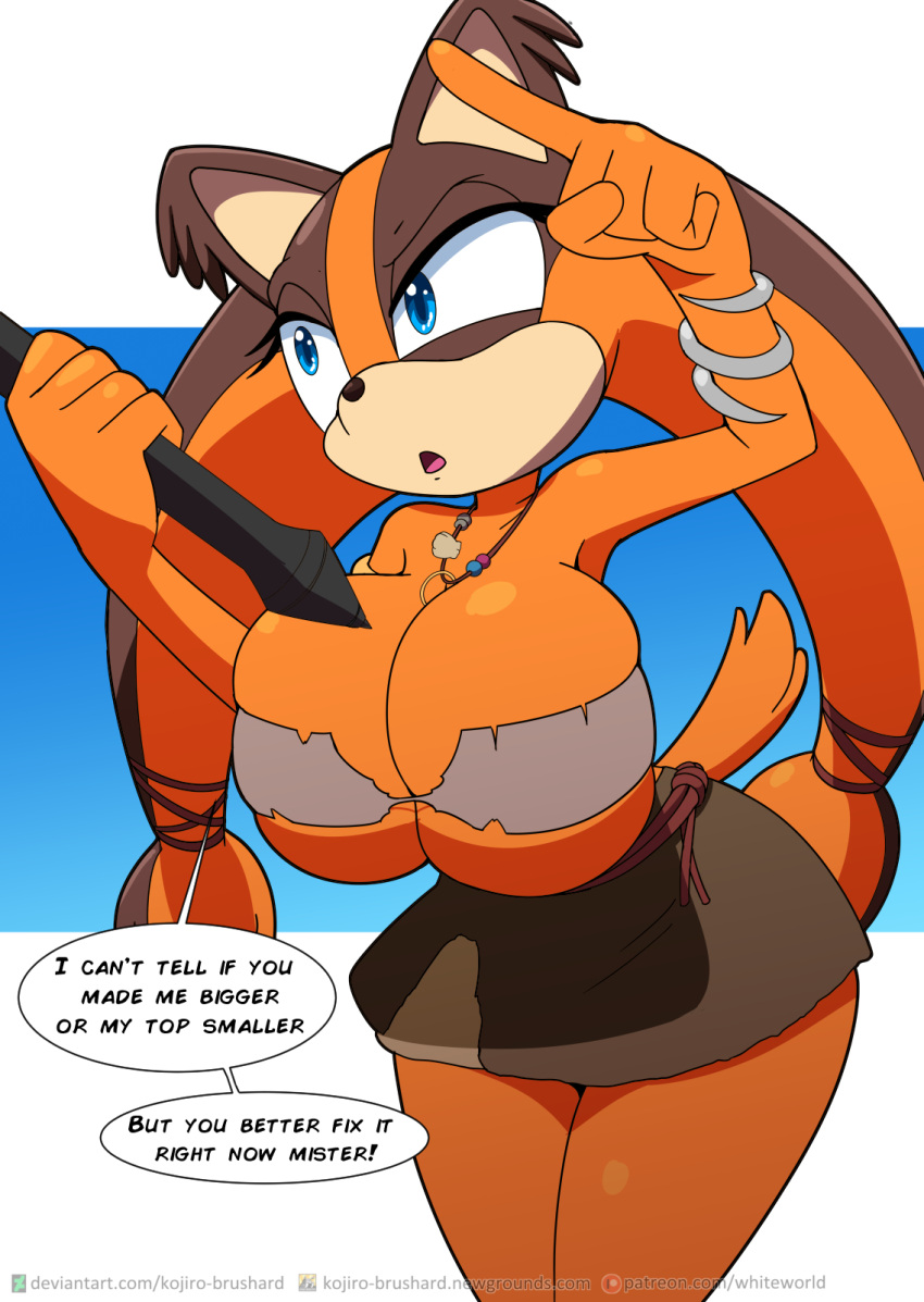 angry anthro badger big_breasts breaking_the_fourth_wall breast_expansion breasts cleavage clothed clothing deviantart duo english_text expansion female fur gesture hi_res jewelry kojiro-brushard mammal multicolored_body multicolored_fur mustelid musteline necklace newgrounds orange_body orange_fur patreon pen pointing sega signature sonic_boom sonic_the_hedgehog_(series) sticks_the_jungle_badger text two_tone_body two_tone_fur