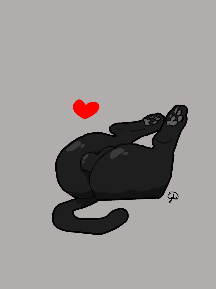 &lt;3 anthro balls big_butt black_body black_fur black_paws bottomless butt butt_focus cat_tail clothed clothing domestic_cat feet felid feline felis fur genitals glu_(artist) grey_background grey_pawpads hi_res long_tail male male/male mammal nude pawpads paws presenting short_fur signature simple_background solo unknown_character