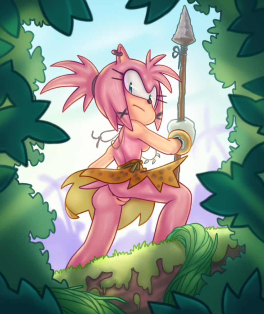 amy_rose anthro aoncyth bottomwear clothed clothing ear_piercing ear_ring eulipotyphlan female gloves green_eyes hair handwear hedgehog hi_res jewelry looking_at_viewer looking_back looking_back_at_viewer mammal necklace no_underwear partially_clothed piercing pink_body pink_hair sega skirt solo sonic_prime sonic_the_hedgehog_(series) topless tribal