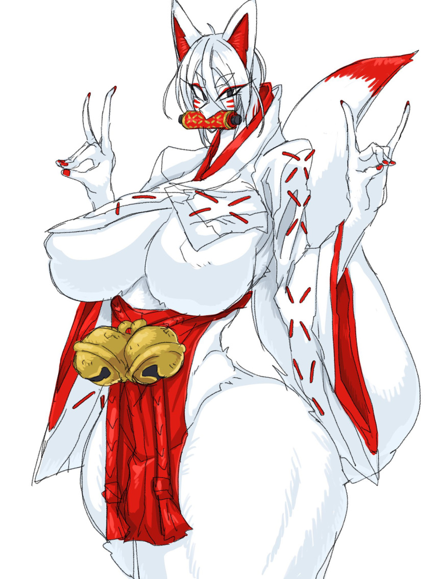 3:4 anthro bell big_breasts breasts canid canine clothed clothing colored_nails featureless_breasts female fox fur hair hi_res kemono looking_at_viewer mammal nails nipple_outline red_nails shrine_maiden simple_background skimpy solo thick_thighs waranka white_body white_fur white_hair