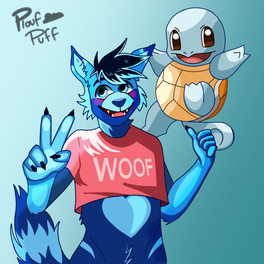 &lt;3 1:1 blue canid canine canis clothing domestic_dog hi_res invalid_tag mammal nintendo pok&eacute;mon pok&eacute;mon_(species) shirt squirtle topwear video_games water wolf woof_(disambiguation)