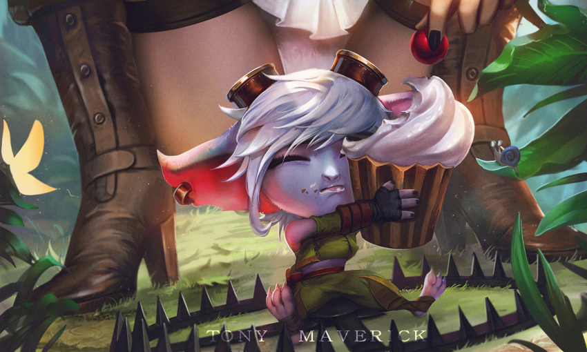 5:3 bear_trap blue_body blue_skin caitlyn_(lol) clothing crouching cupcake ear_piercing ear_ring eyewear female food gastropod goggles grass hair hi_res human humanoid league_of_legends mammal mollusk piercing plant riot_games sitting snail tony_maverick trap_(contrivance) tristana_(lol) underwear video_games white_hair yordle