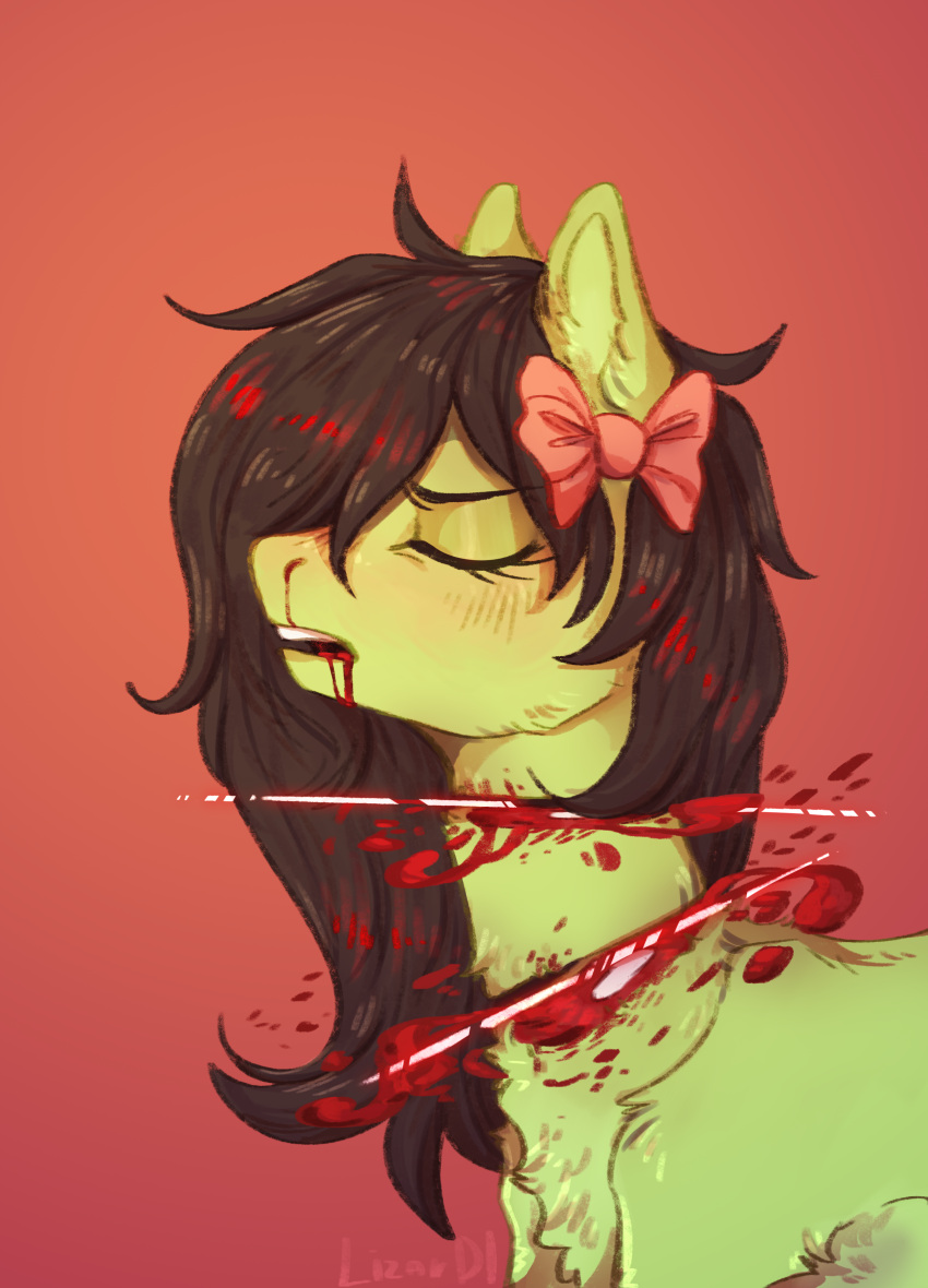 absurd_res anonymous_artist black_hair blood blood_in_mouth bodily_fluids death earth_pony emerald_blade_(oc) equid equine eyes_closed fan_character female friendship_is_magic gore green_body green_skin hair hasbro hi_res horse mammal my_little_pony nosebleed open_mouth pony ribbons solo