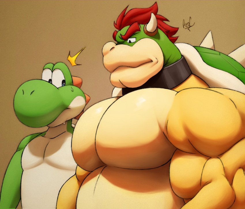 2021 anthro ara_chibi barazoku big_muscles bodily_fluids bowser brown_background collaboration collar colored croconut digital_media_(artwork) duo eyebrows girl_staring_at_man's_chest green_yoshi hair hi_res horn koopa looking_at_another looking_at_muscles male mario_bros meme mixed_media muscular muscular_anthro muscular_male nintendo pecs scalie shell signature simple_background spiked_shell spikes spikes_(anatomy) stare sweat sweatdrop traditional_media_(artwork) video_games yoshi