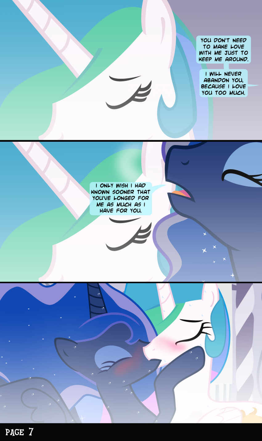 absurd_res anthro blush comic duo english_text equid equine eyes_closed female female/female friendship_is_magic hasbro hi_res hooves horn horse incest_(lore) kissing mammal my_little_pony pony princess_celestia_(mlp) princess_luna_(mlp) sibling sister sisters speech_bubble text tiarawhy unicorn_horn winged_unicorn wings