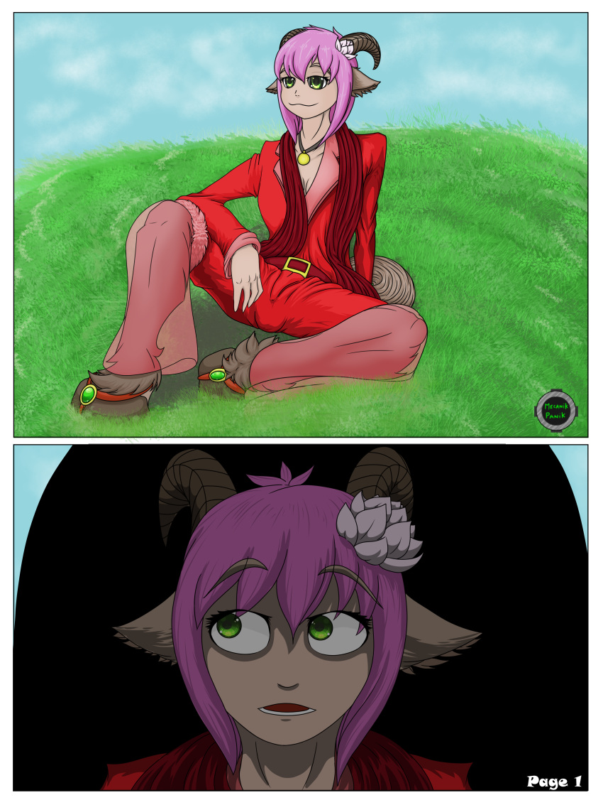 2021 3:4 absurd_res anklet anthro arms_bent border bovid_horn breasts caprine_horn clothed clothing comic costume digital_drawing_(artwork) digital_media_(artwork) digital_painting_(artwork) duo featureless_breasts featureless_crotch female front_view fully_clothed goat_horn grass grass_field green_eyes hair hands_behind_back hi_res high_contrast horn jewelry looking_away looking_back lotus_the_baphomet male male/female mecanik_panik multiple_scenes necklace outside pink_hair plant red_clothing scarf shaded short_hair side_view simple_background simple_coloring simple_shading sitting small_breasts smile solo_focus spread_legs spreading tan_body teckwolffr three-quarter_view toony white_border