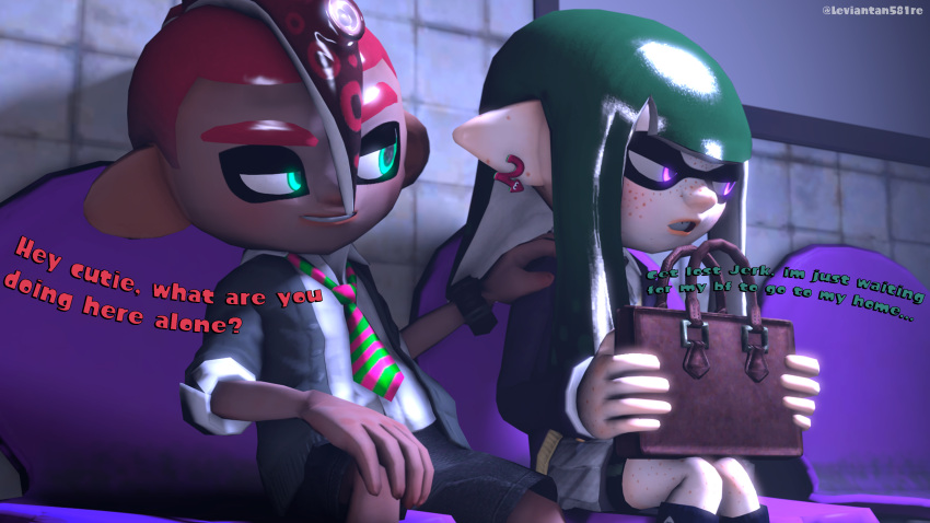 16:9 3d_(artwork) 4k absurd_res cephalopod clothing coleoid dark_body dark_skin decapodiform digital_media_(artwork) duo fan_character female green_hair hair hi_res humanoid inkling inkling_girl leviantan581re male male/female marine mollusk nintendo octarian octoling octoling_boy octopus red_hair school_uniform source_filmmaker splatoon uniform video_games widescreen