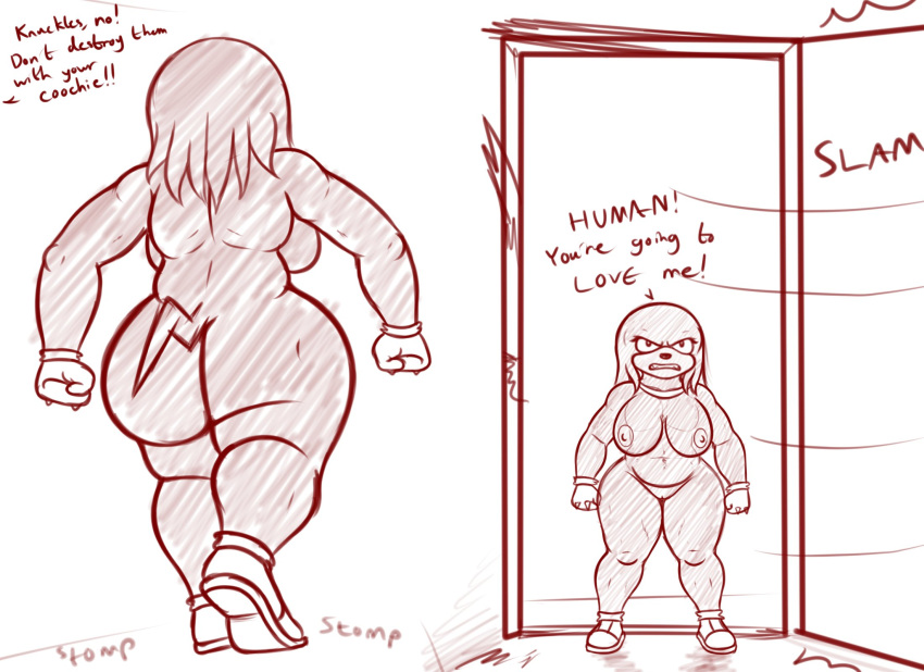 angry anthro big_breasts big_butt breasts butt clothed clothing crossgender digital_media_(artwork) door door_slam echidna english_text eulipotyphlan female footwear footwear_only fur genitals gloves hair handwear hi_res knuckles_the_echidna looking_at_viewer looking_back mammal monotreme mostly_nude nipples nude open_mouth oystercatcher7 pussy sega shoes shoes_only short_stack simple_background sketch solo sonic_the_hedgehog_(series) teeth text thick_thighs video_games white_background