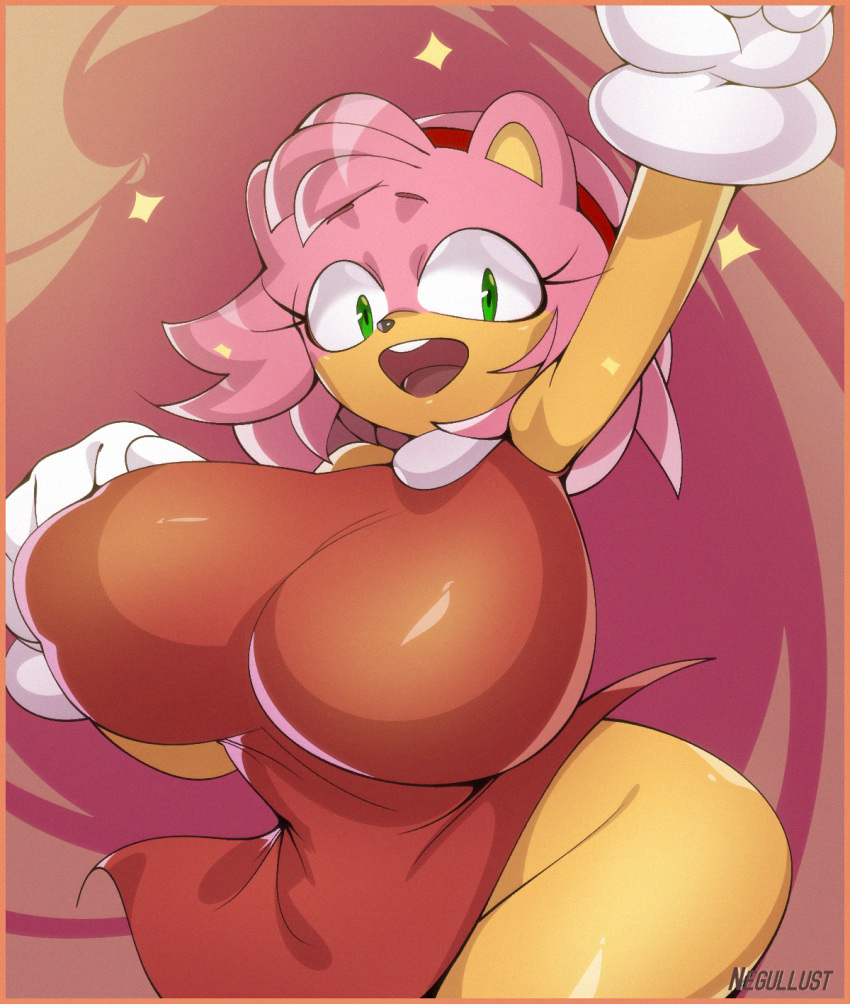 amy_rose anthro big_breasts breasts clothed clothing eulipotyphlan female hair hedgehog hi_res huge_breasts mammal negullust no_underwear open_mouth open_smile pink_hair sega smile solo sonic_the_hedgehog_(series)