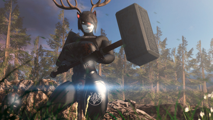 16:9 4k absurd_res antlers armor big_(disambiguation) cervid cervine chainmail cliff female forest hammer hi_res horn icarus_berrys_(ludexus) ludexus mail mammal plant rock solo taller_female tools tree warhammer warrior weapon widescreen