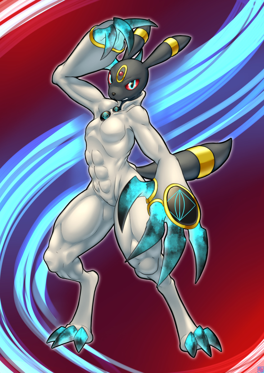 abs absurd_res angry big_claws black_body blue_eyes claws clothing dewstar_(artist) eeveelution gold_(metal) hi_res male muscular muscular_legs muscular_male nintendo pok&eacute;mon pok&eacute;mon_(species) red_eyes solo tight_clothing umbreon video_games white_clothing