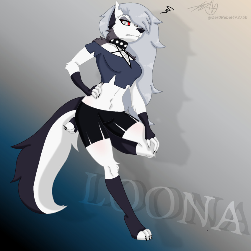 1:1 angry anthro belly_shirt bite bottomwear canid canid_demon claws clothed clothing collar colored countershading crop_top curvy_figure demon digital_drawing_(artwork) digital_media_(artwork) ear_bite english_text female fluffy_cheeks fur gloves_(marking) gradient_background grey_body grey_fur grey_hair grey_markings hair hellhound helluva_boss hi_res hourglass_figure long_hair long_tail looking_at_viewer loona_(vivzmind) mammal markings navel on_one_leg paws pentagram raised_leg red_sclera shaded shadow shirt shorts simple_background solo standing text thick_thighs topwear white_body white_eyes white_fur zer0rebel4