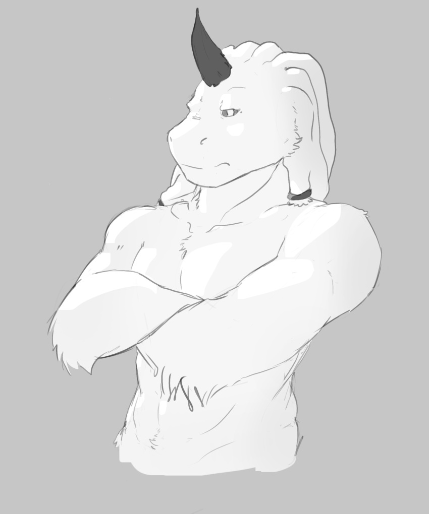 5:6 absurd_res andr0ch anthro crossed_arms everhood fur hi_res horn looking_at_viewer male monochrome monster muscular rasta_beast_(everhood) simple_background solo upper_body white_body white_fur