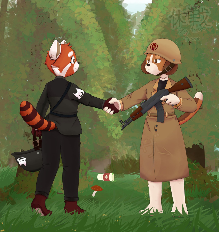 ailurid anthro armor assault_rifle beagle brown_eyes canid canine canis clothed clothing cup domestic_dog duo eye_contact female fungus gesture gun handshake headgear hedge helmet hi_res hunting_dog karizaxyz512 looking_at_another mammal military_uniform mushroom outside plantigrade ranged_weapon red_panda rifle scent_hound super_animal_royale uniform weapon