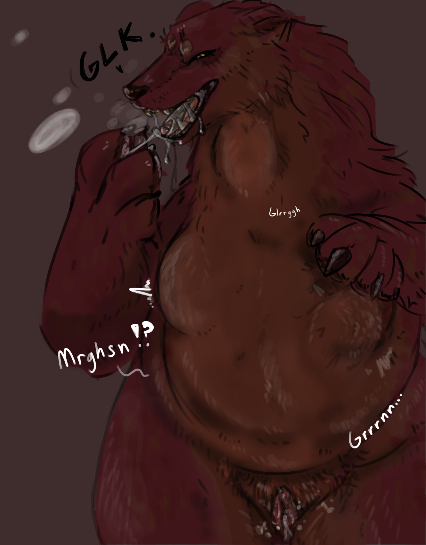 abdominal_bulge absurd_res anthro belly bodily_fluids canid canine canis digestion_noises digital_media_(artwork) drooling dungeons_and_dragons english_text excessive_drooling female female_pred fur genital_fluids genitals hasbro hi_res human humanoid looking_pleasured mammal mantivvhore neck_bulge nude open_mouth oral oral_vore pussy pussy_juice red_body red_fur rumbling_stomach saliva smile soft_vore solo swallowing text tongue tongue_out unseen_character unwilling_prey unwilling_vore vore were werecanid werecanine werewolf wizards_of_the_coast wolf