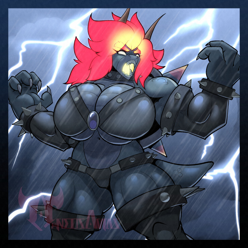anthro big_breasts bowser bowser's_fury breasts cleavage clothed clothing crossgender female fury_bowser hi_res huge_breasts koopa lightning mario_bros muscular muscular_female neosavias nintendo non-mammal_breasts raining scalie solo video_games