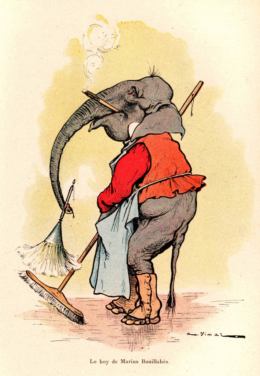 absurd_res ambiguous_gender ancient_furry_art anthro apron auguste_vimar biped bottomless cleaning_tool clothed clothing elephant elephantid feather_duster french_text grey_body grey_skin hi_res holding_object mammal orange_clothing orange_topwear proboscidean proboscis_(anatomy) public_domain signature simple_background smoke smoking solo standing text topwear traditional_media_(artwork) trunk_(anatomy) trunk_hold