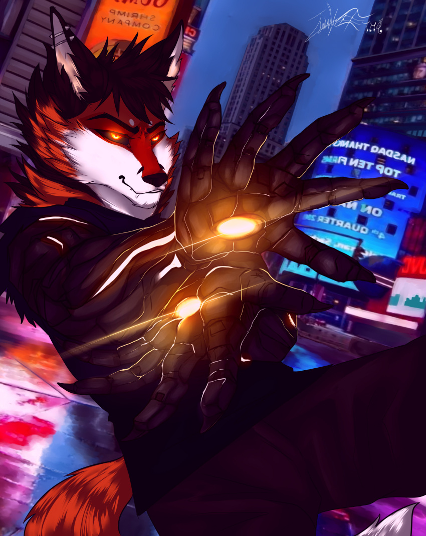5_toes absurd_res adry_victoria_(artist) android anthro armor attack black_eyes black_hair black_nose building canid canine city claws clothing ear_piercing evil_grin feet fire fox fur fur_markings genos_(one-punch_man) glowing glowing_eyes glowing_markings hair hi_res hybrid looking_at_another machine male mammal markings multicolored_body one-punch_man one_(manga) piercing raised_arms red_body red_eyes red_fur red_tail redrick_(erickredfox) robot robotic_arm signature smile teeth toes two_tone_body