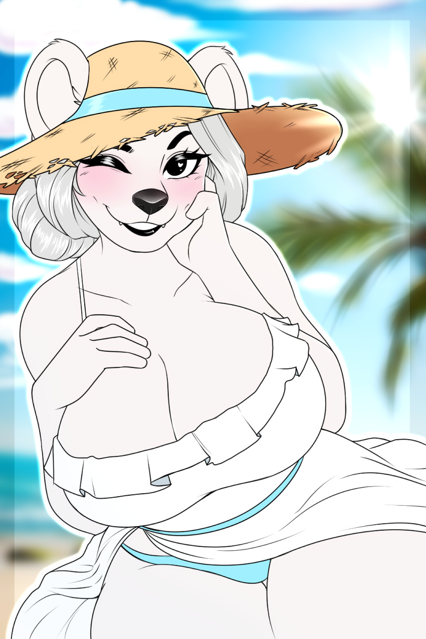 anthro big_breasts black_lips blush breasts clothing dress female hat headgear headwear hi_res hilde_(m.c) hyperiontrash lips mammal mature_female panties polar_bear solo straw_hat sundress thick_thighs underwear ursid ursine