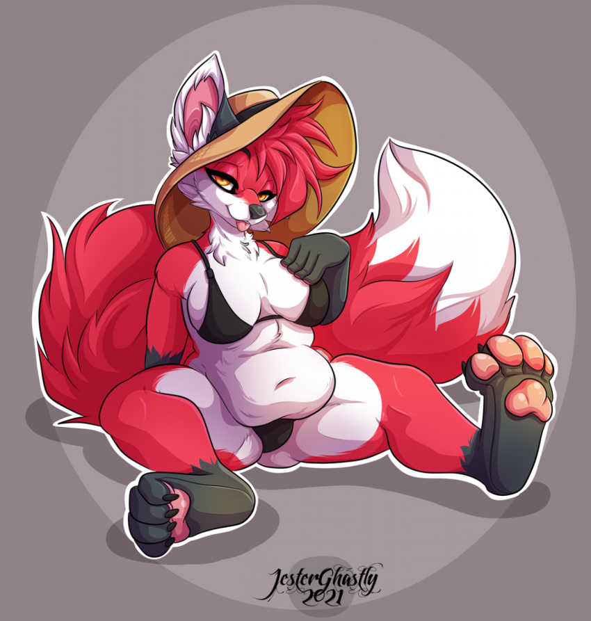 2021 amber_eyes anthro breasts canid canine clothed clothing digital_media_(artwork) eyebrows eyelashes female fox fur hair hi_res jesterghastly mammal red_body red_fur red_hair sitting smile