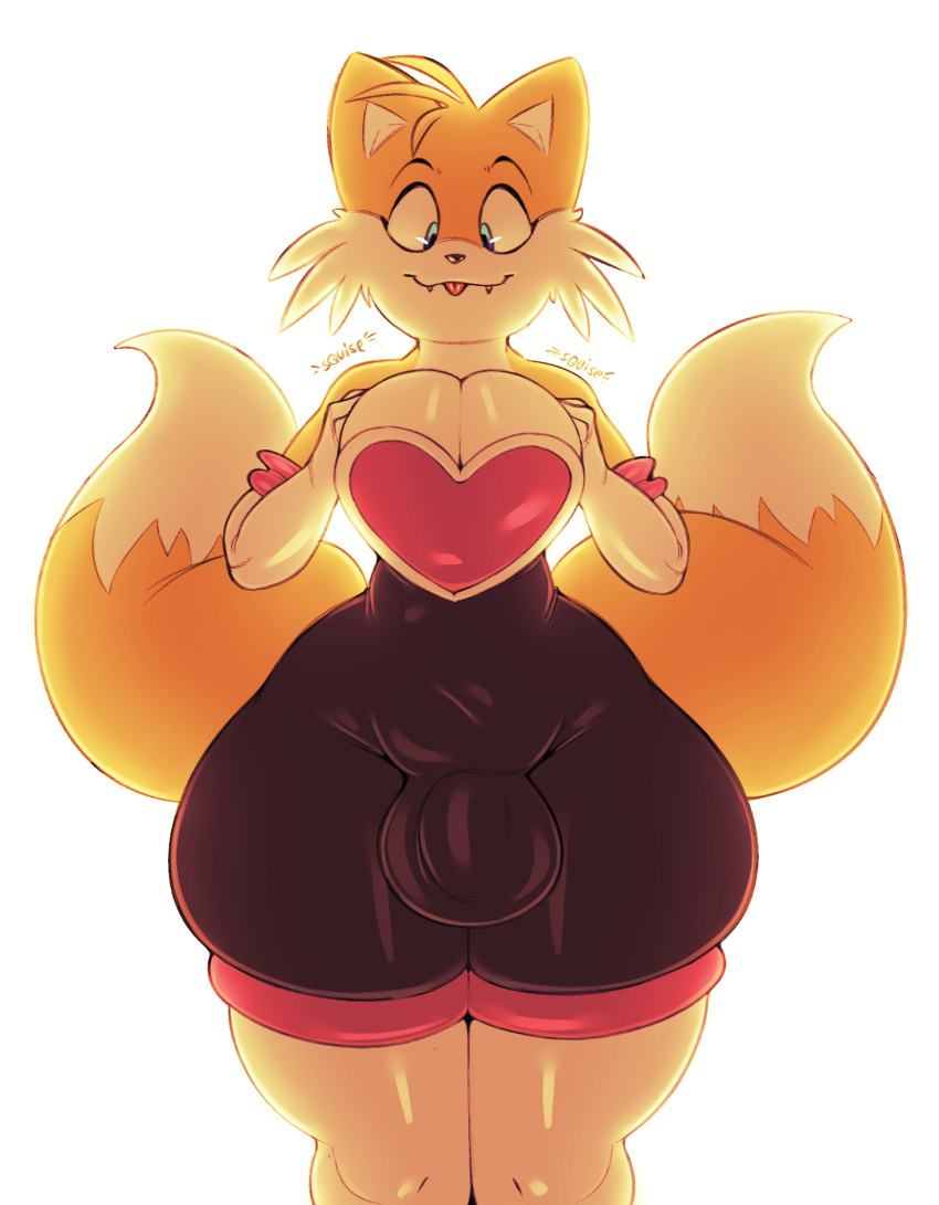 anthro balls_outline blep breast_squish breasts bulge canid canine clothed clothing crossgender detailed_bulge fox genital_outline gynomorph hair hi_res huge_hips huge_thighs hyper hyper_hips hyper_thighs intersex mammal miles_prower mtg_crossgender mti_crossgender penis_outline rouge_the_bat sega simple_background smile solo sonic_the_hedgehog_(series) squish thick_thighs tongue tongue_out trashdrawy wide_hips
