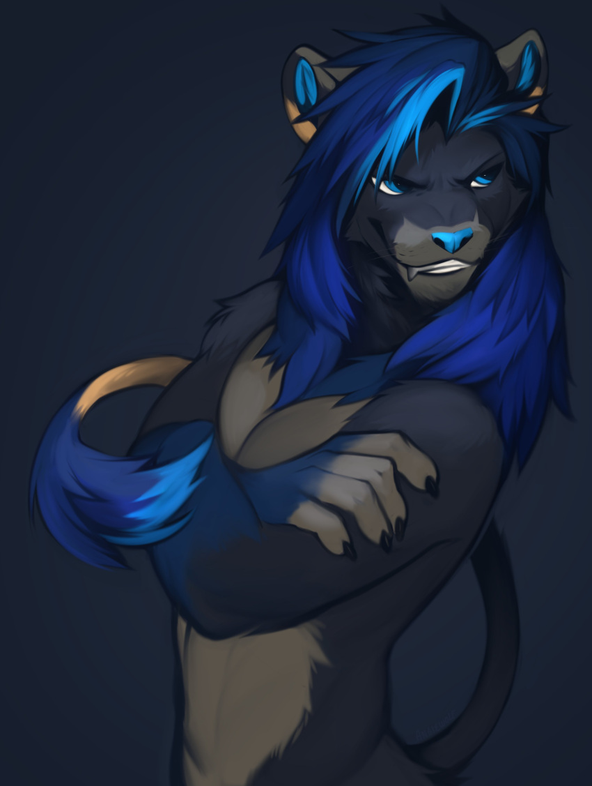 2021 absurd_res angiewolf anthro black_background black_body black_fur blue_body blue_eyes blue_fur blue_hair crossed_arms digital_media_(artwork) felid fur hair hi_res lion male mammal pantherine shaded simple_background solo teeth