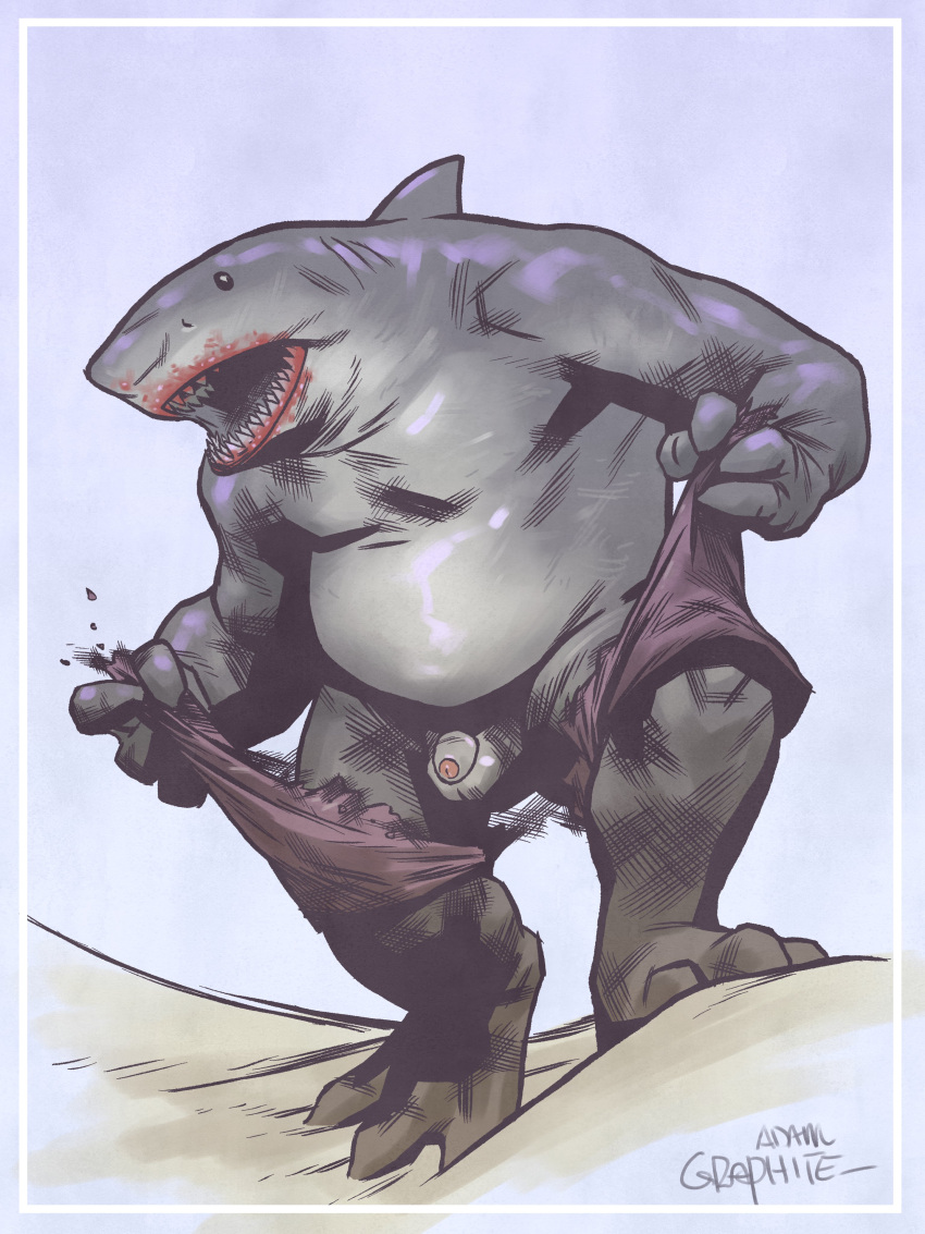 3:4 absurd_res adamgraphite anthro balls blood bodily_fluids bottomwear clothing colored dc_comics fish genitals hi_res king_shark male marine obese open_mouth overweight penis shark shorts slightly_chubby solo torn_clothing