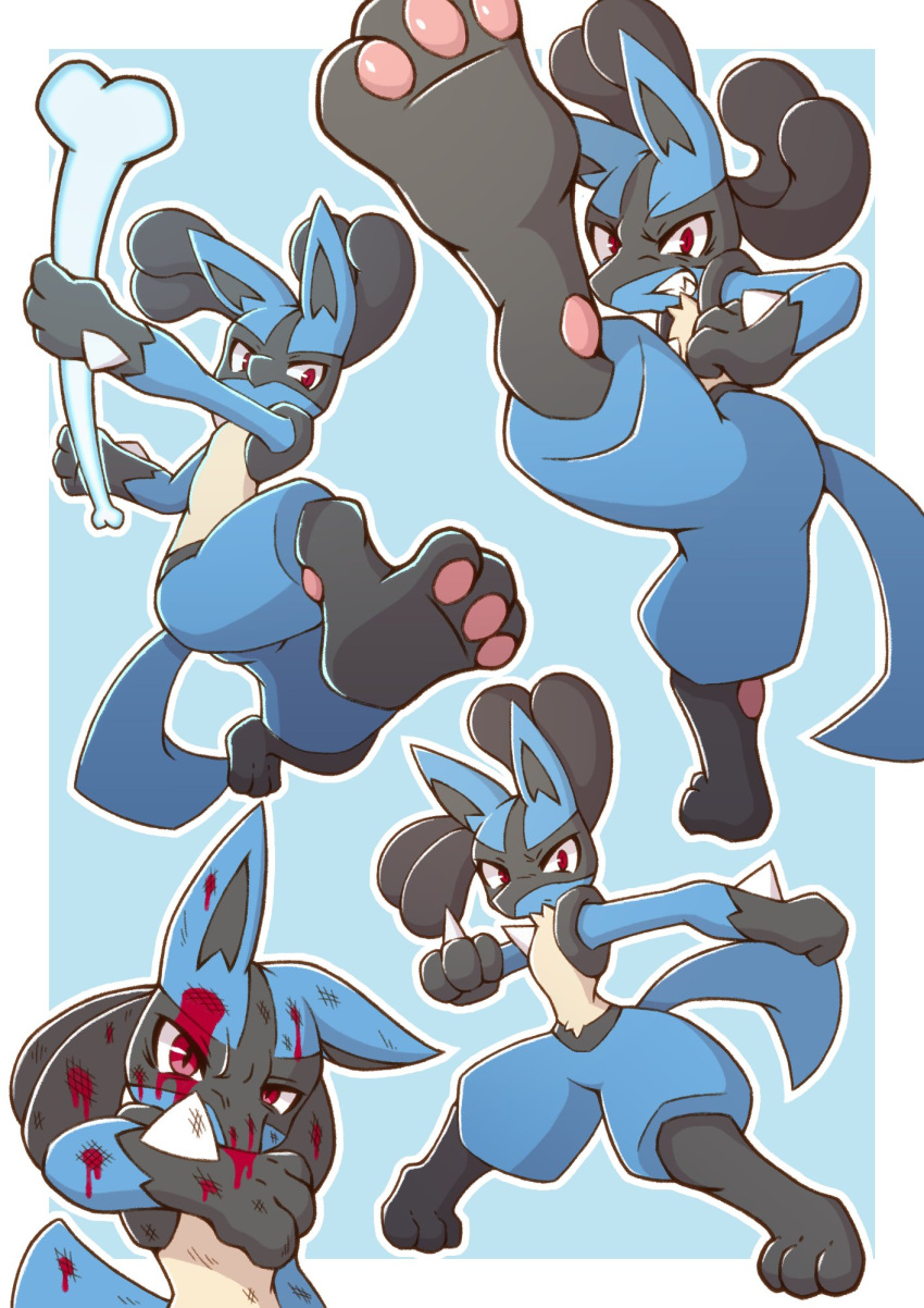 acky05 airborne ambiguous_gender anthro blood bodily_fluids bone bone_rush cel_shading clenched_teeth collage fighting_pose hi_res lucario mammal multiple_images nintendo pawpads pok&eacute;mon pok&eacute;mon_(species) pok&eacute;mon_move pose raised_leg red_eyes scratches shaded simple_background solo teeth video_games