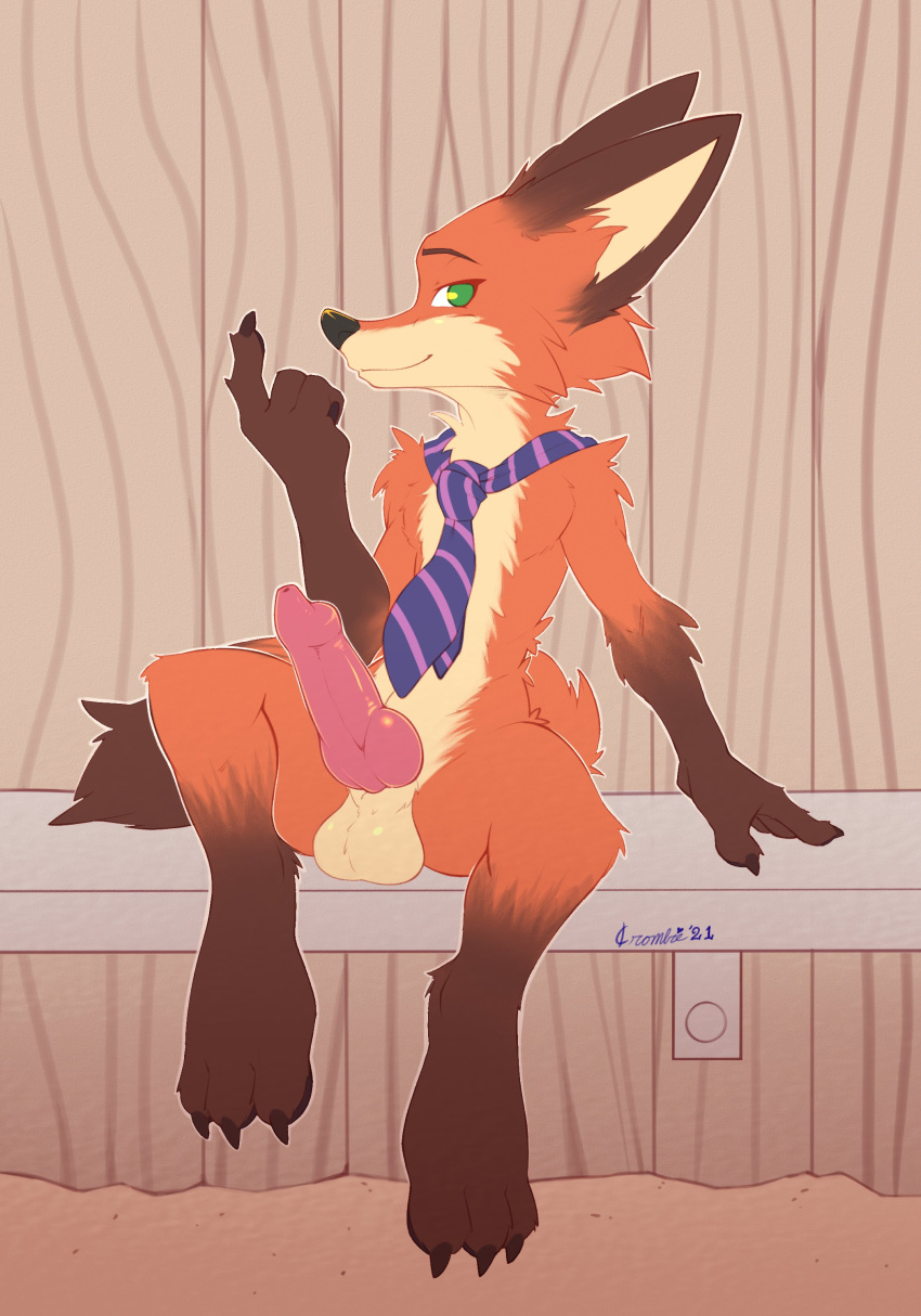 absurd_res animal_genitalia anthro balls beckoning canid canine crombie digital_media_(artwork) disney fox genitals gesture hi_res knot looking_at_viewer male mammal mostly_nude necktie nick_wilde penis shaded sitting solo zootopia