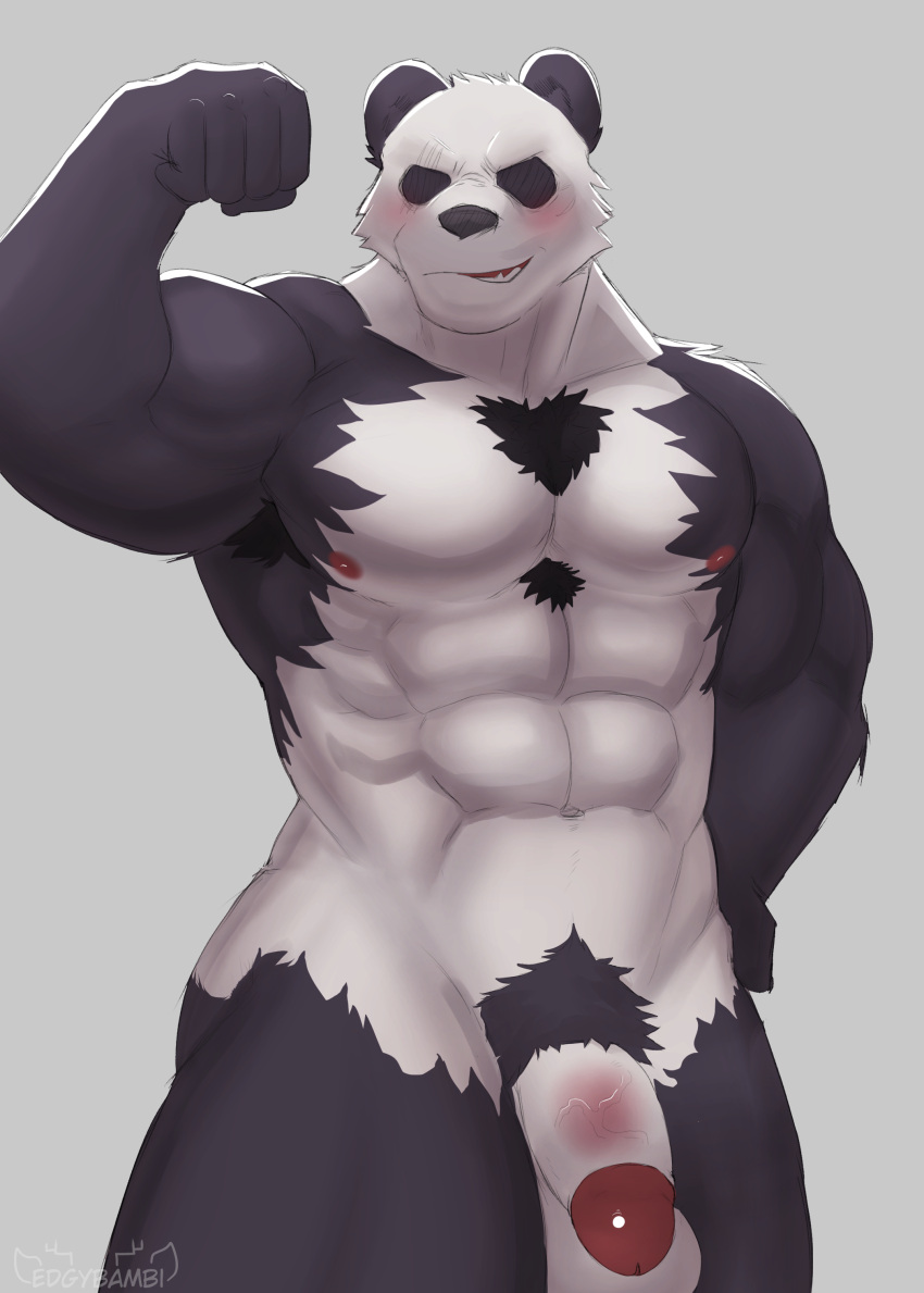 2021 abs absurd_res anthro armpit_hair balls barazoku beastars biceps big_muscles black_sclera blush body_hair chest_hair flaccid flexing genitals giant_panda gouhin grey_background hand_on_hip hi_res humanoid_genitalia humanoid_penis jayjay_(artist) looking_at_viewer male mammal muscular muscular_anthro muscular_male navel nipples nude pecs penis pubes simple_background smile smirk solo standing ursid