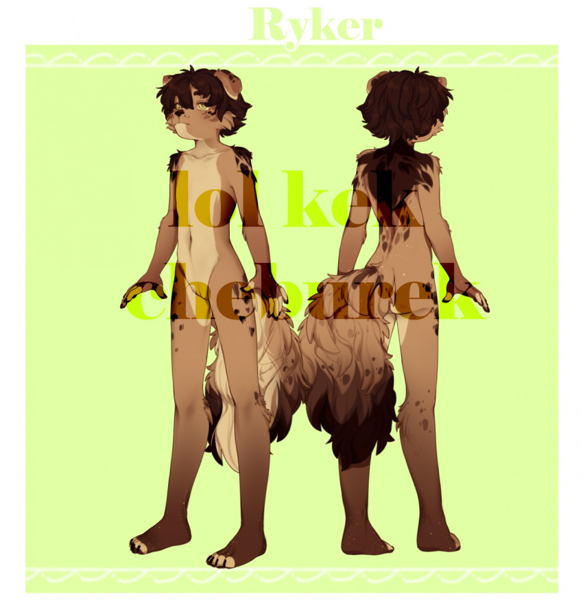 2018 anthro belly biped brown_body brown_fur brown_hair brown_nose brown_spots canid canine canis cheek_tuft distracting_watermark domestic_dog facial_tuft featureless_chest featureless_crotch floppy_ears fur green_eyes hair hi_res leg_tuft male mammal model_sheet navel pekuza041 raised_head short_hair shoulder_tuft simple_background solo spots spotted_body spotted_fur standing tan_belly tan_body tan_fur tan_tail text tuft watermark