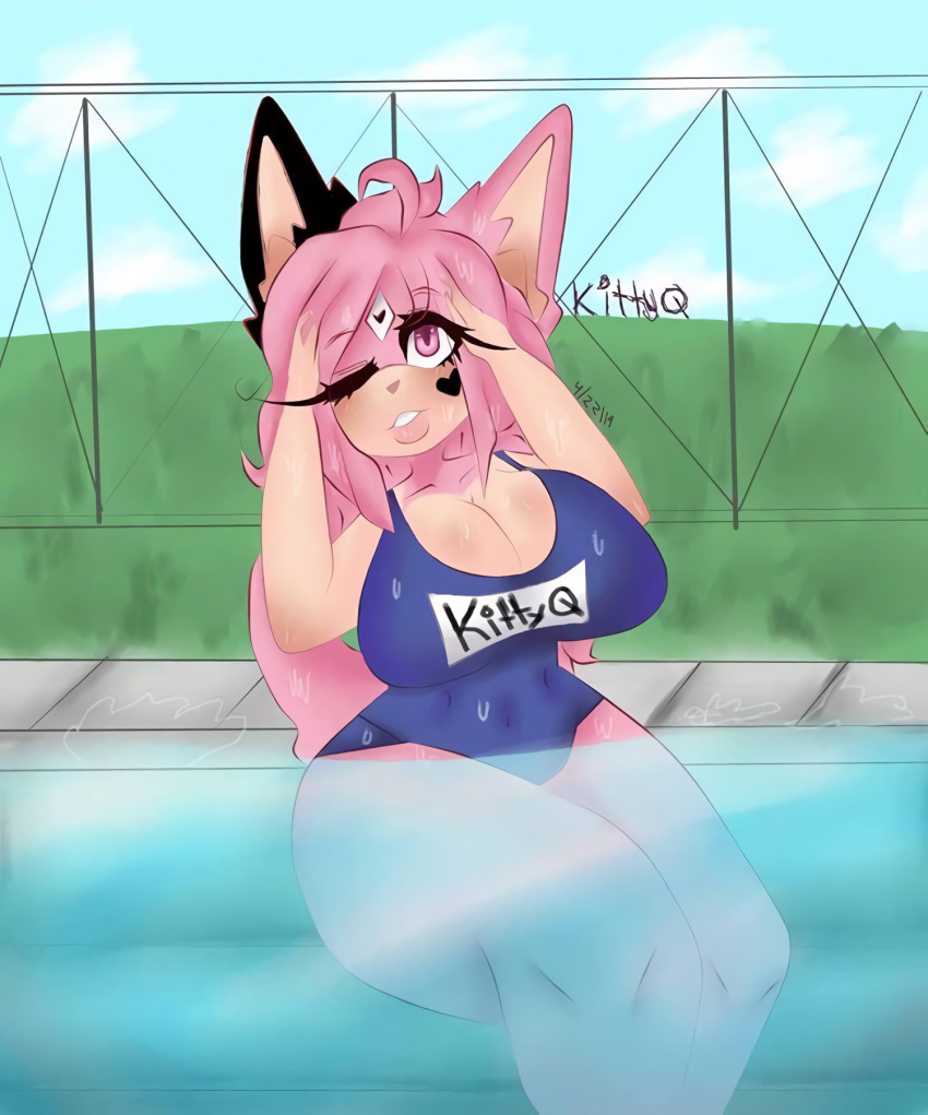 anthro big_breasts breasts clothing fan_character female fur hair hi_res kittyq maria_rose_(kittyq) one-piece_swimsuit pink_body pink_eyes pink_fur pink_hair sega solo sonic_the_hedgehog_(series) swimwear thick_thighs wet