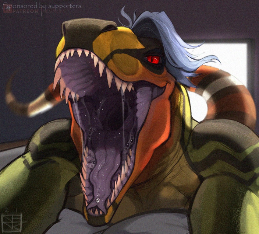 2021 anthro bed black_body black_scales blue_hair bodily_fluids depth_of_field dinosaur dromaeosaurid forked_tongue furniture green_body green_scales hair long_tail looking_at_viewer lying male mouth_shot nevolsky on_front open_mouth orange_body orange_scales patreon patreon_logo red_eyes reptile saliva saliva_string scales scalie sharp_teeth shirtless solo striped_tail stripes teeth television theropod throat tongue utahraptor