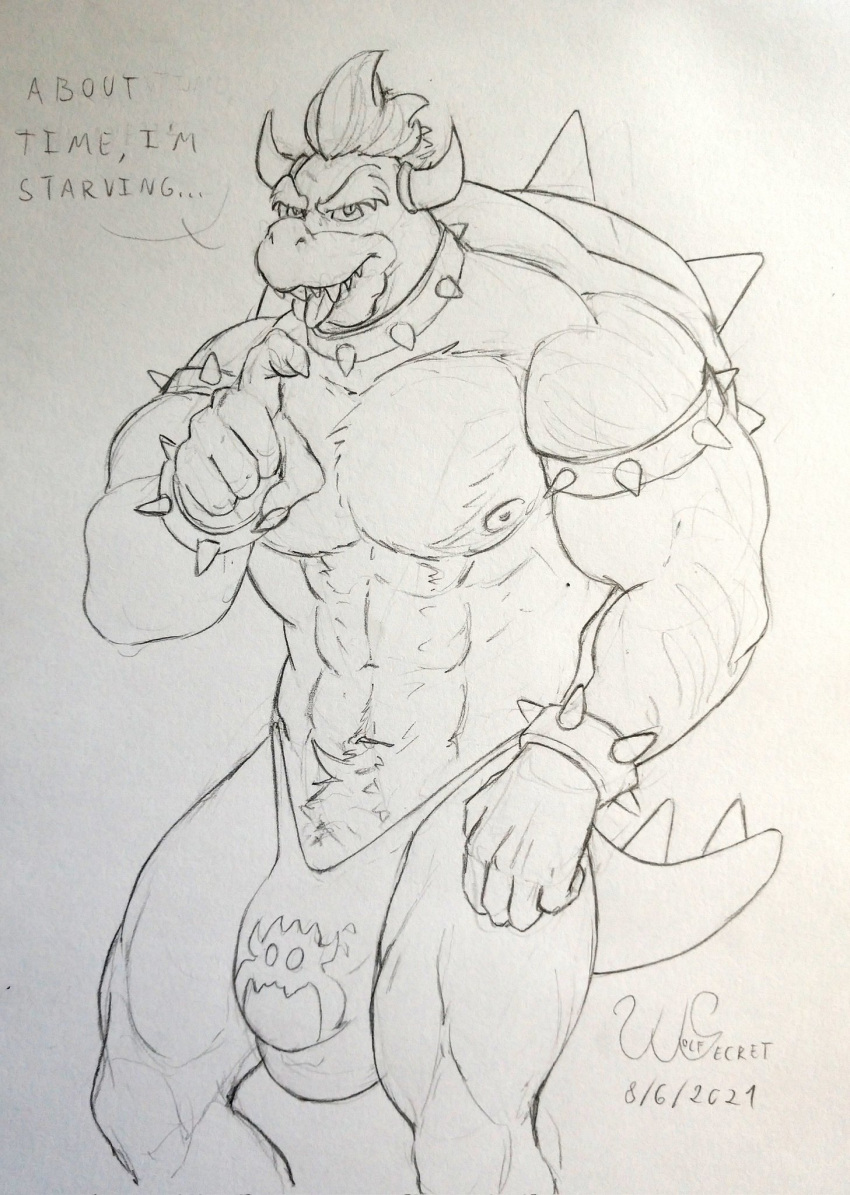 anthro balls barazoku big_balls big_muscles big_penis body_hair bowser bulge chest_hair clothing collar detailed_bulge genital_outline genitals hairy hi_res horn huge_balls huge_muscles huge_penis koopa male mario_bros muscular nintendo penis penis_base penis_outline reptile scalie solo spikes traditional_media_(artwork) turtle underwear video_games wolfsecret