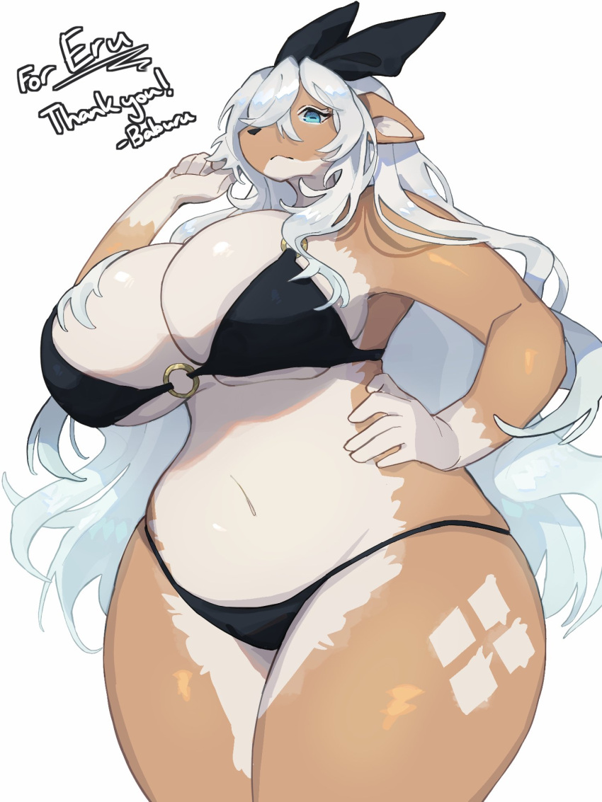 3:4 anthro baburusushi big_breasts bikini breasts cervid cleavage clothed clothing female hair hand_on_hip hi_res huge_breasts kemono long_hair mammal simple_background solo swimwear thick_thighs white_background