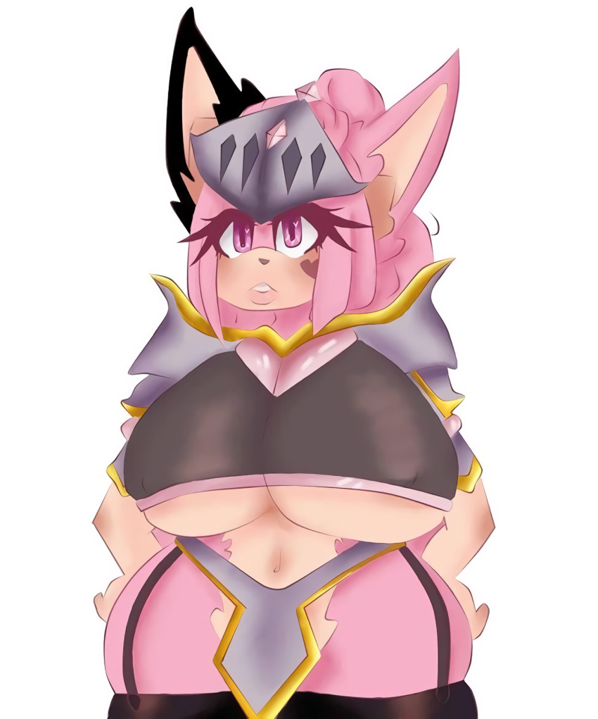 anthro big_breasts breasts fan_character female fur hair hi_res kittyq knight maria_rose_(kittyq) pink_body pink_eyes pink_fur pink_hair sega solo sonic_the_hedgehog_(series) under_boob warrior wide_hips