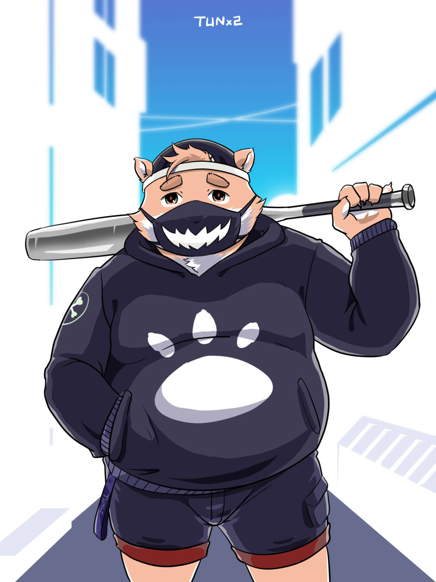 2021 3:4 anthro baseball_bat bat_(object) belly bottomwear brown_body brown_fur canid canine canis clothing domestic_dog face_mask fur hi_res hoodie humanoid_hands kemono male mammal outside overweight overweight_male shorts solo topwear tunx2